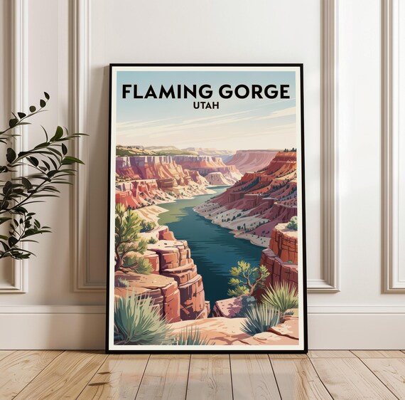 Flaming Gorge Utah Sunlit Red Canyon River Vista Travel Poster