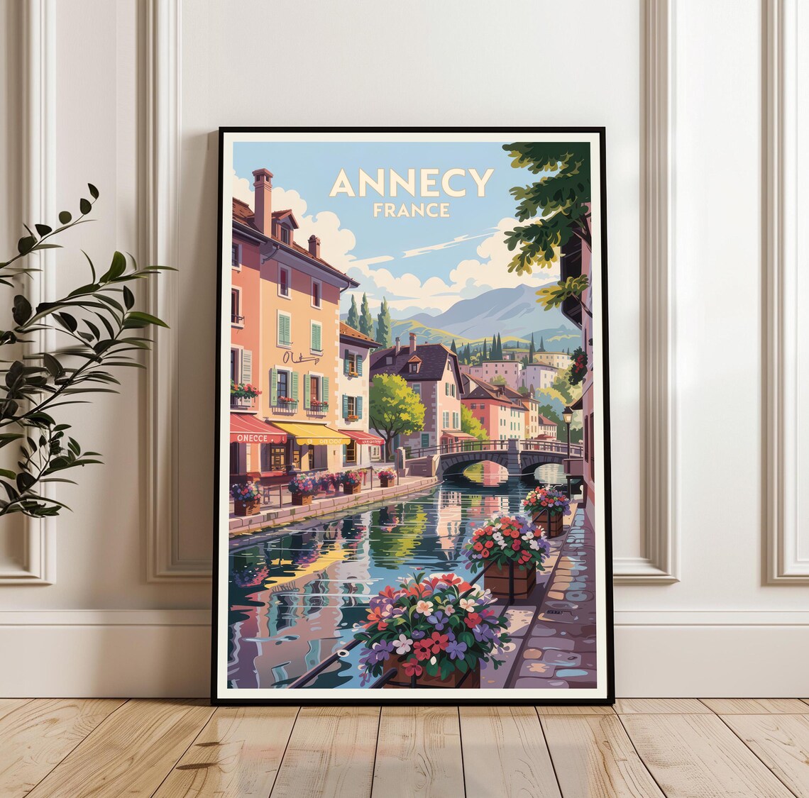 Annecy France Flower Lined Canal Bridge Old Town Travel Poster