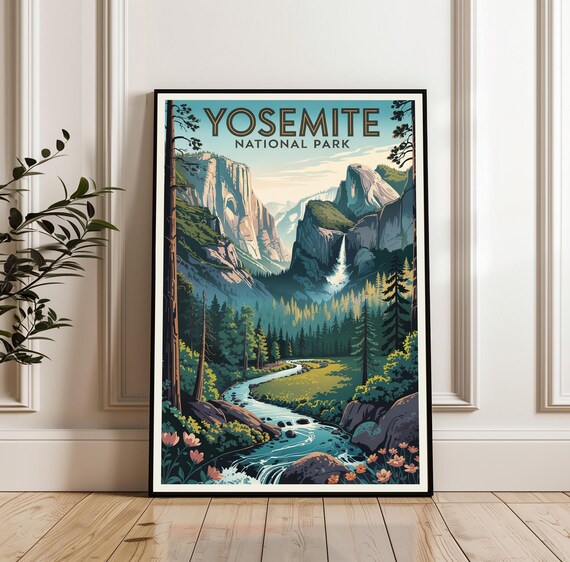 Yosemite National Park Waterfall Valley Wildflowers Scenic Vintage Poster