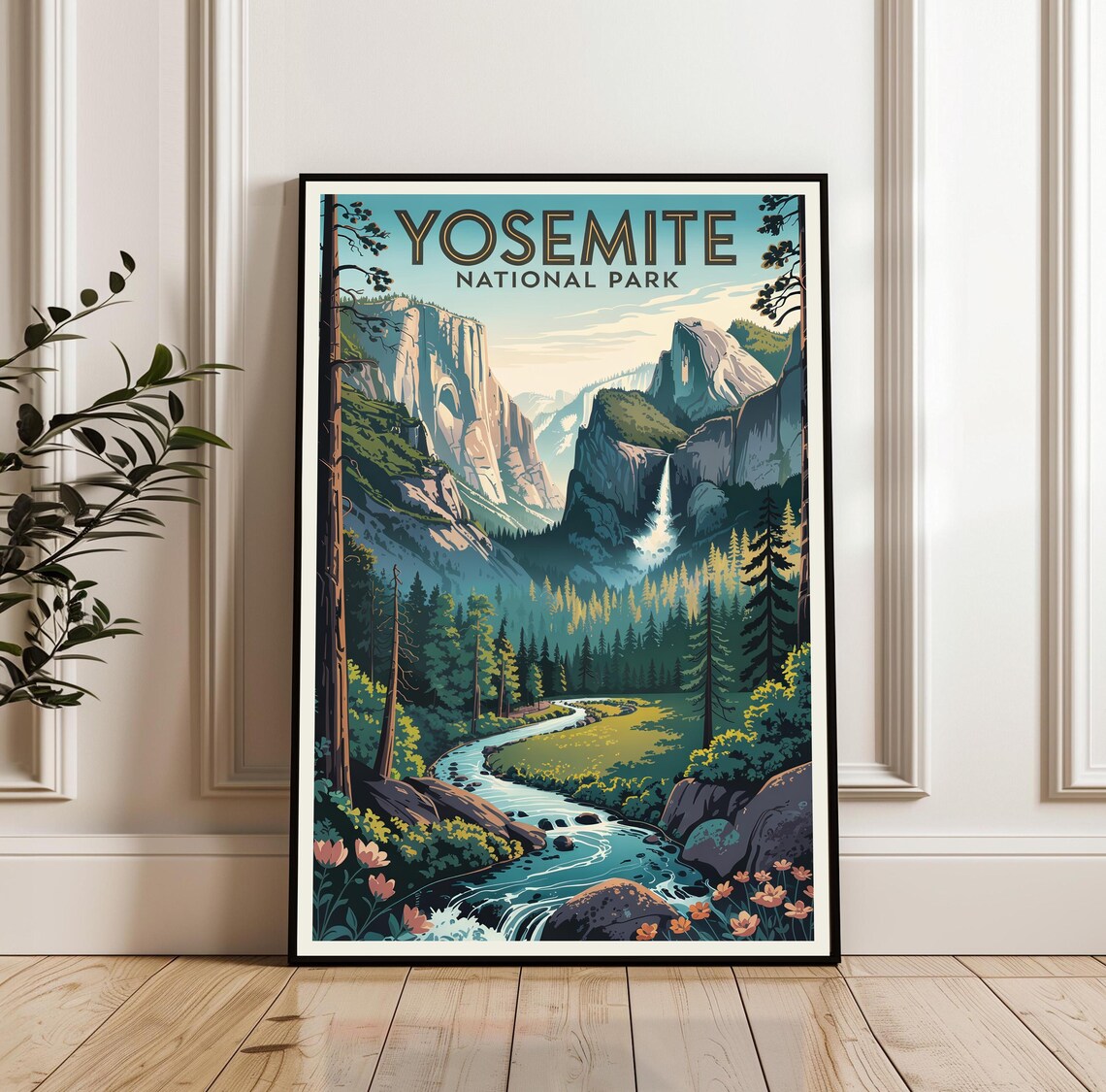 Yosemite National Park Waterfall Valley Wildflowers Scenic Vintage Poster