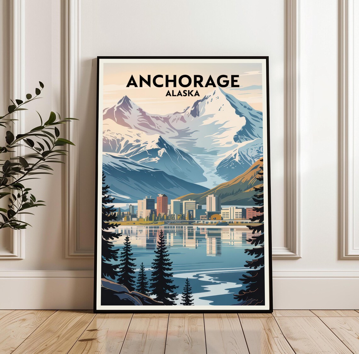 Anchorage Alaska Mountain City Lake Retro Style Travel Poster