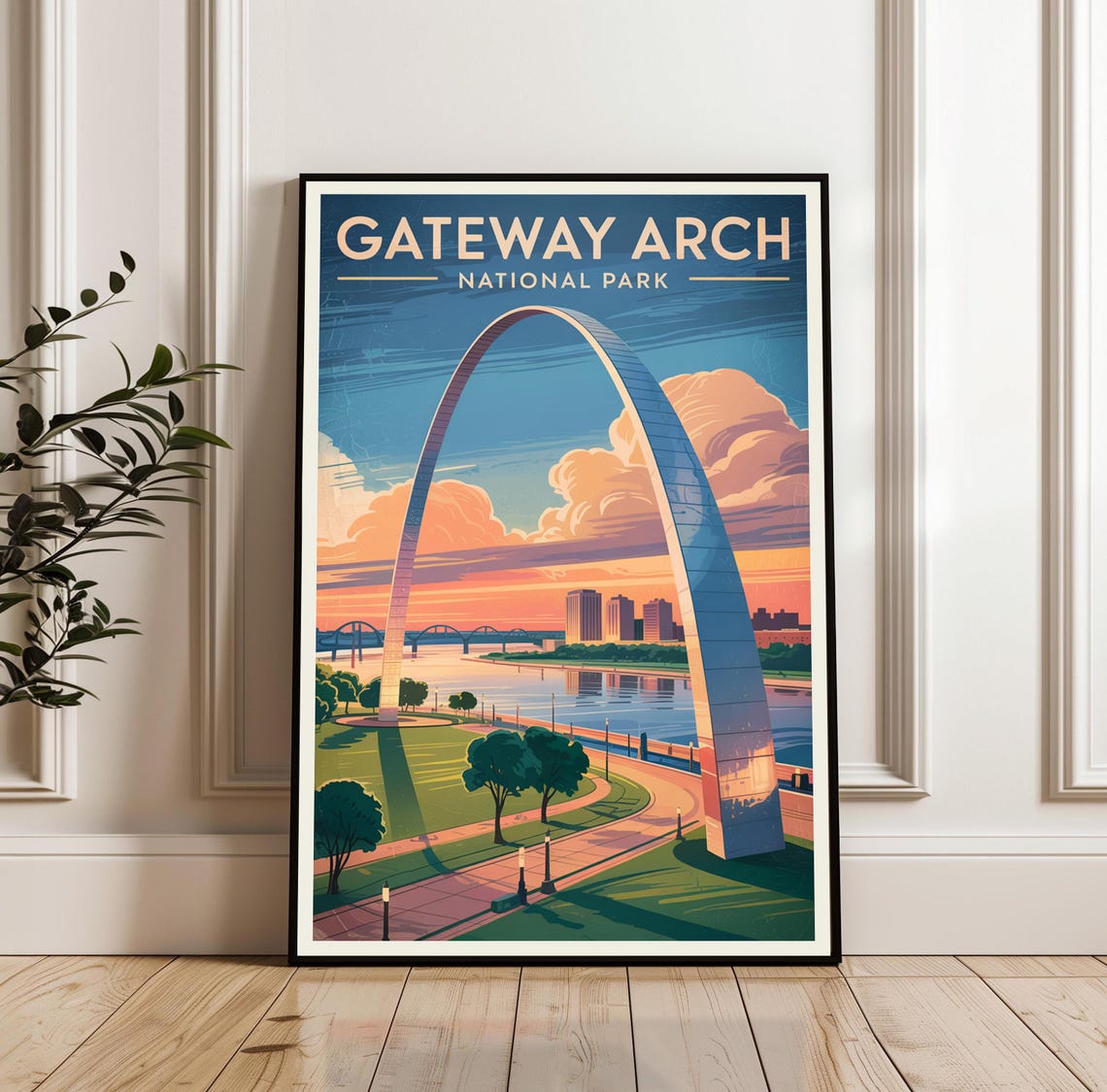 Gateway Arch National Park St Louis Sunset Retro Travel Poster