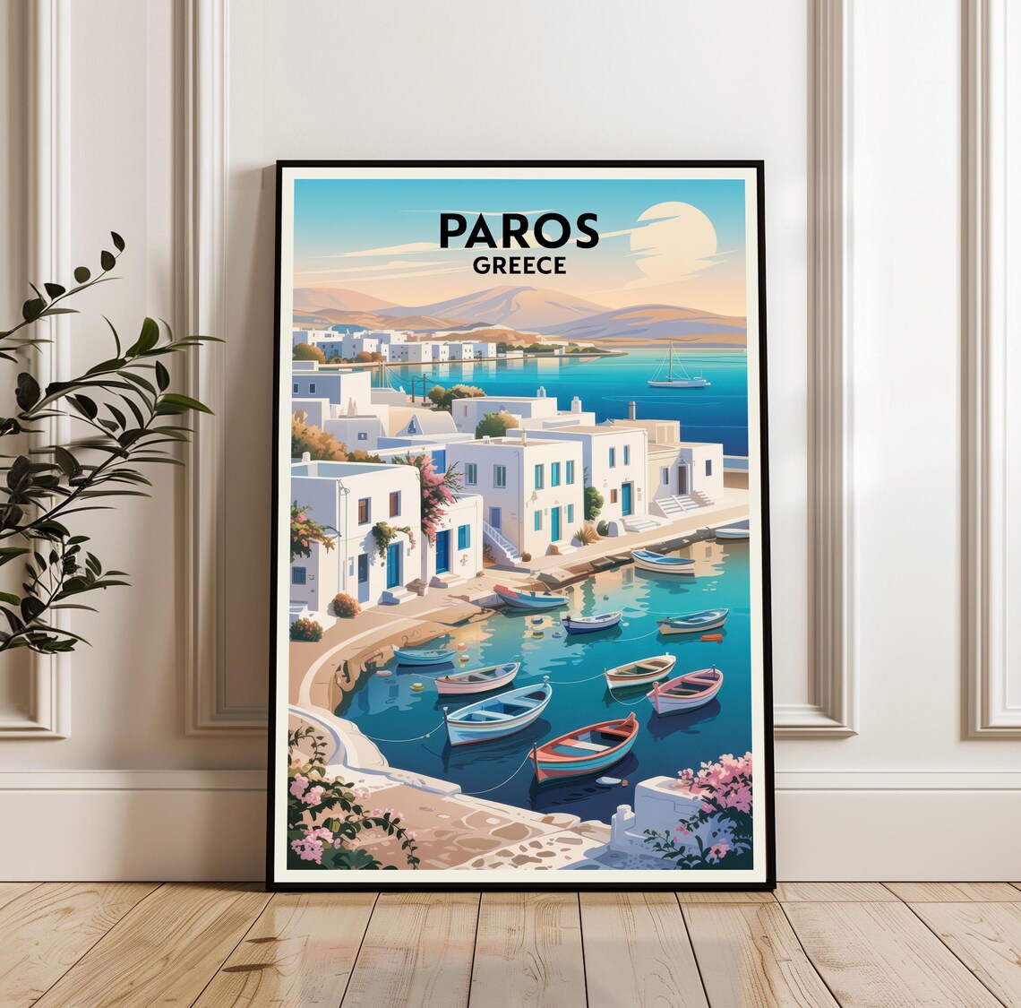 Paros Greece Harbor With Boats Travel Poster Greek Island Art