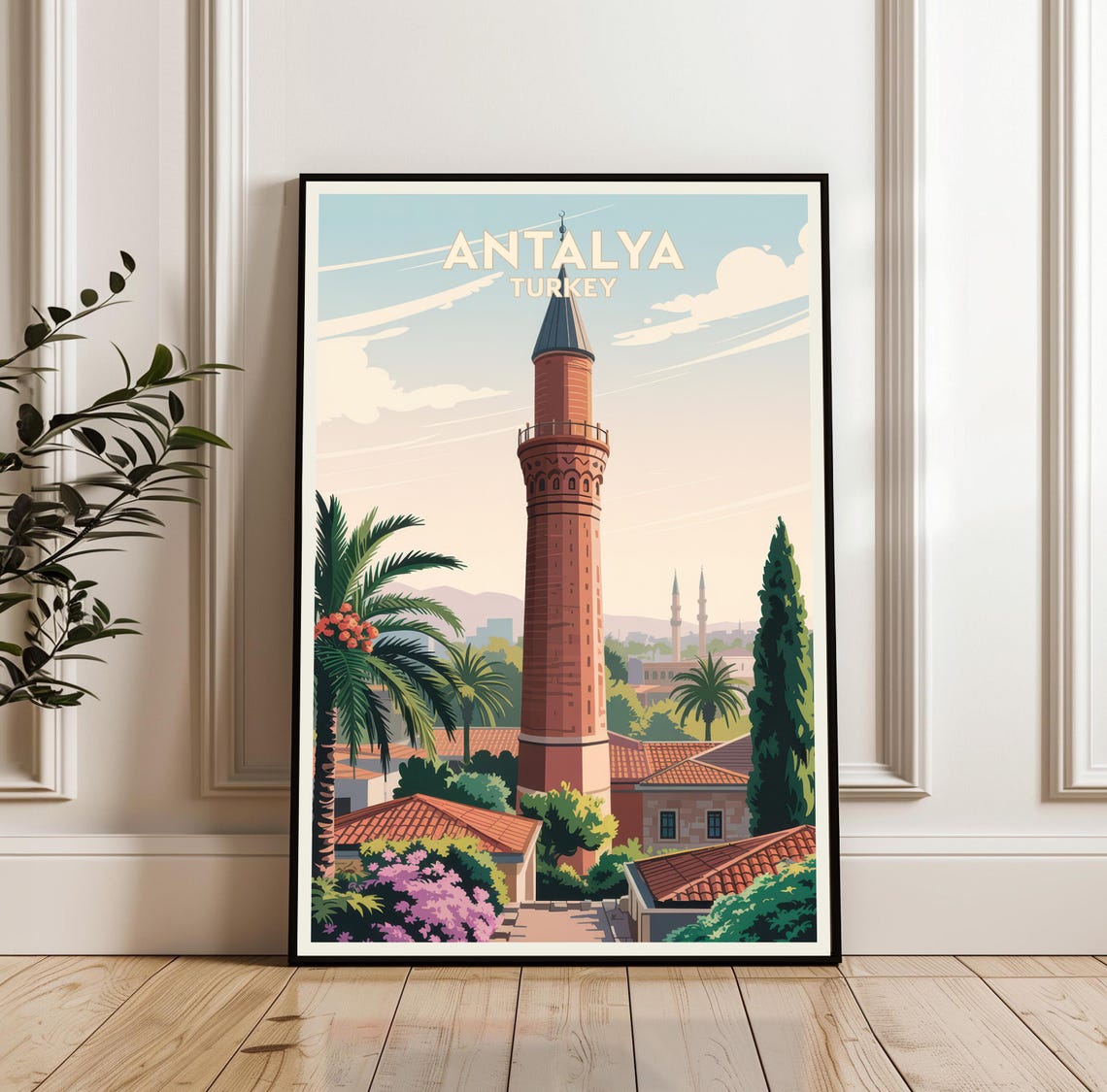 Antalya Turkey Travel Poster With Fluted Minaret And Palms View