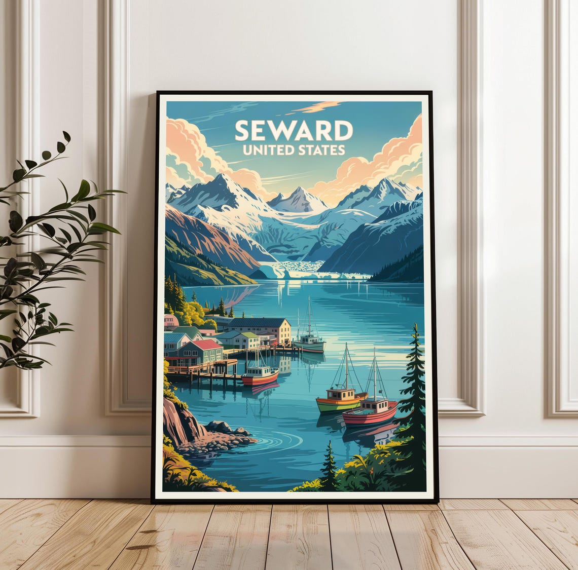 Seward Alaska Harbor With Glacier Mountains Travel Poster Art