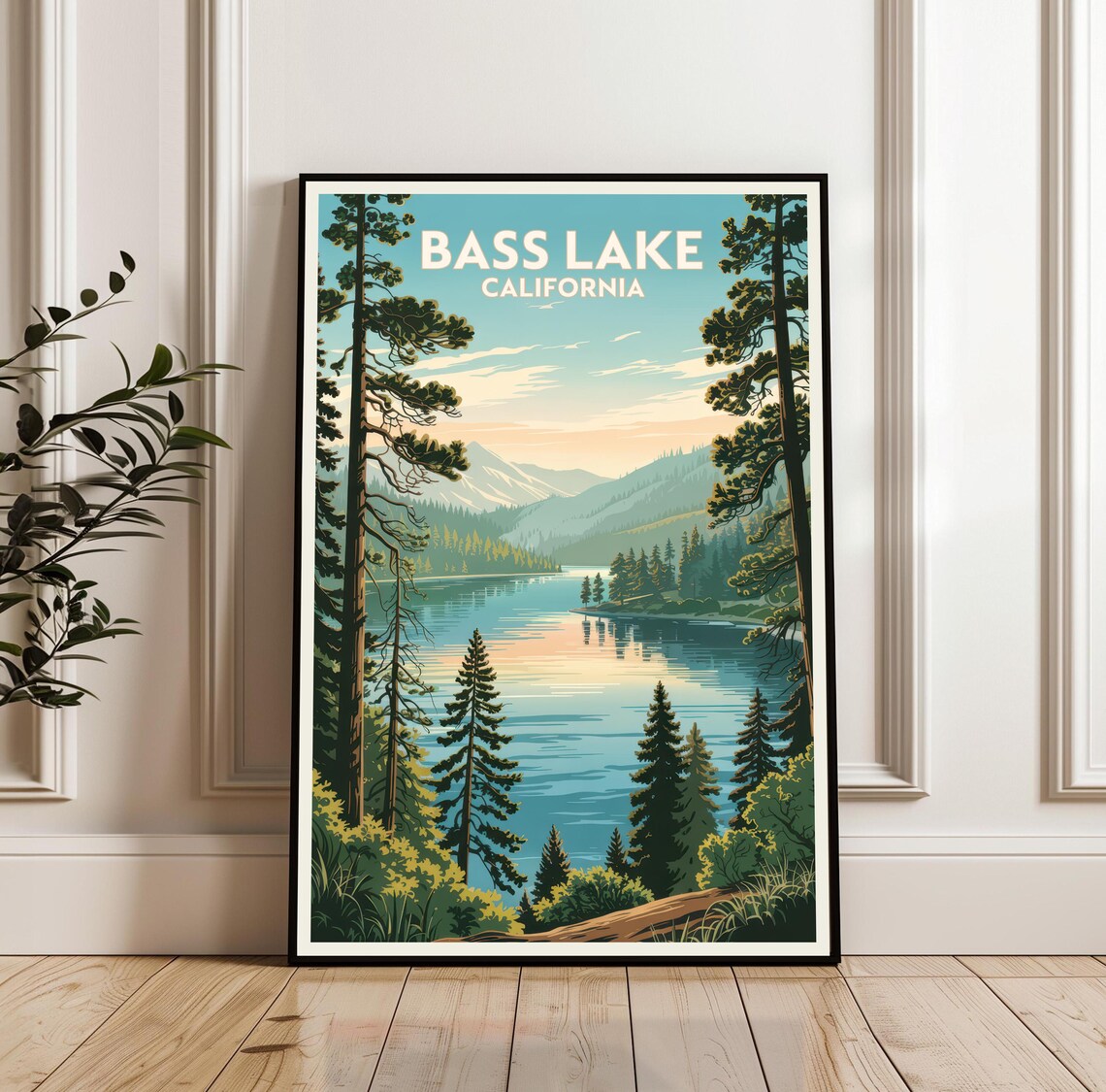 Bass Lake California Pine Forest Shoreline Morning Travel Poster