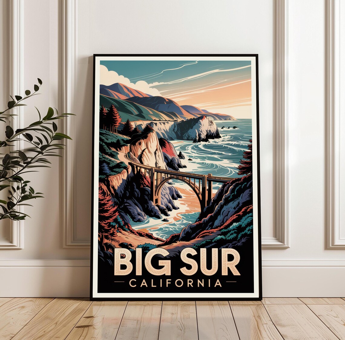 Big Sur California Bixby Creek Bridge Sunset Coast Vintage Travel Poster