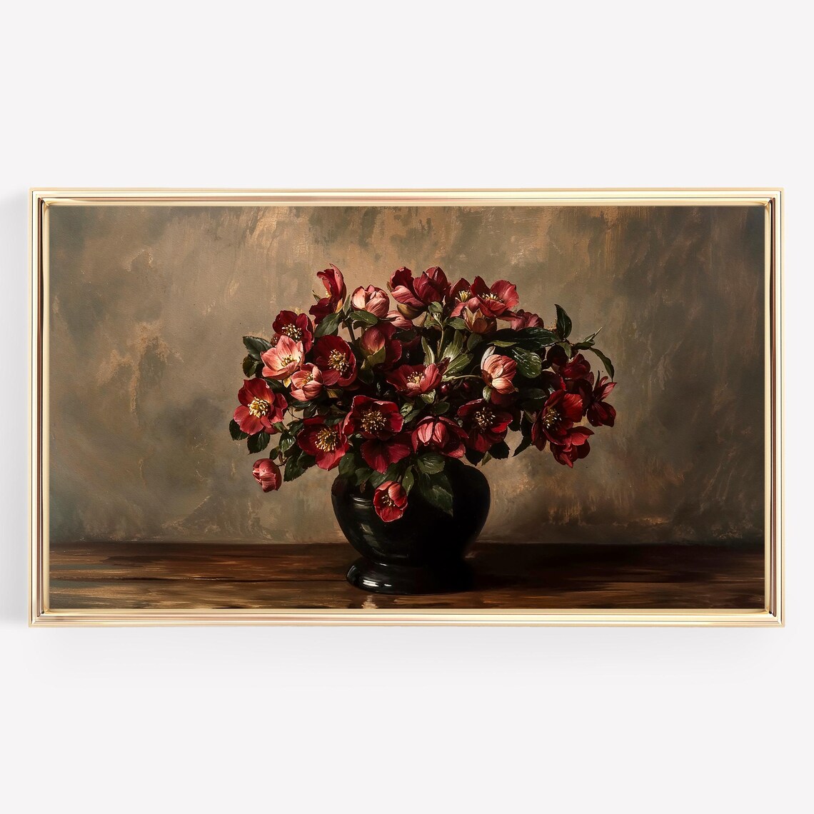 Moody Red Hellebore Flowers Black Vase Vintage Still Life Floral Print - Image 4