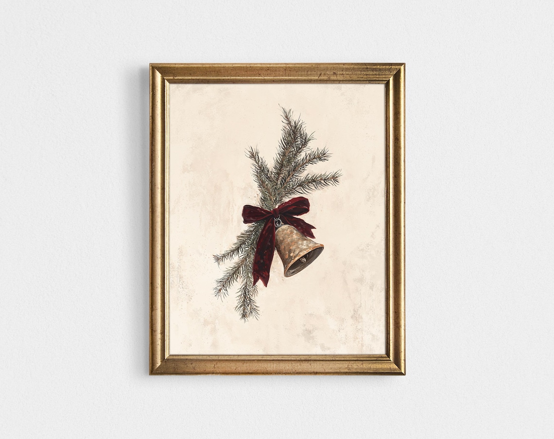 Christmas Bell Print With Pine Ribbon Bow, Vintage Holiday Art - Image 3