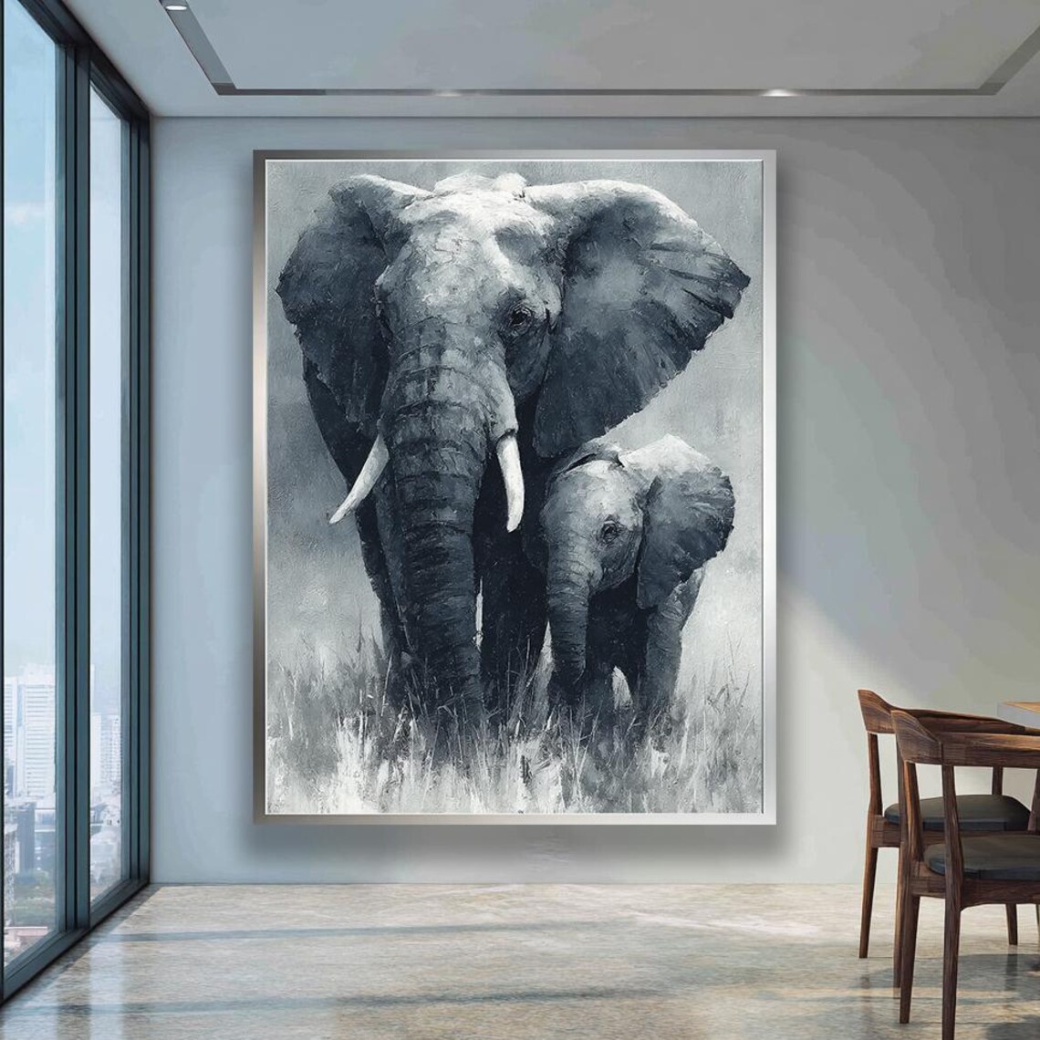 Monochrome Elephant Mother Calf Wildlife Painting Art Poster