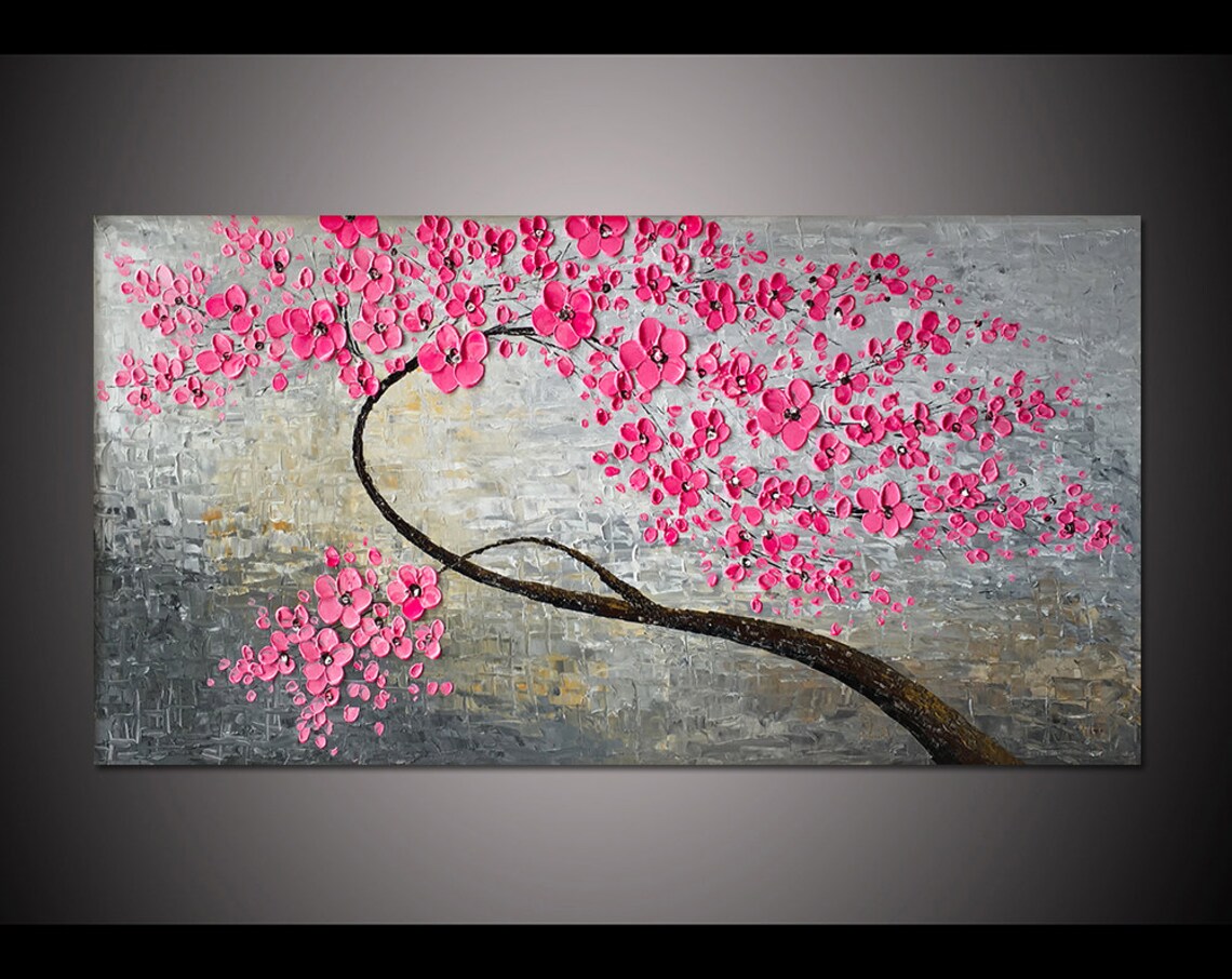 Large Art Peach Cherry Blossom Painting Pink Flower Tree Impasto Oil Painting On Living Room Decor Texture Art Palette Knife Painting