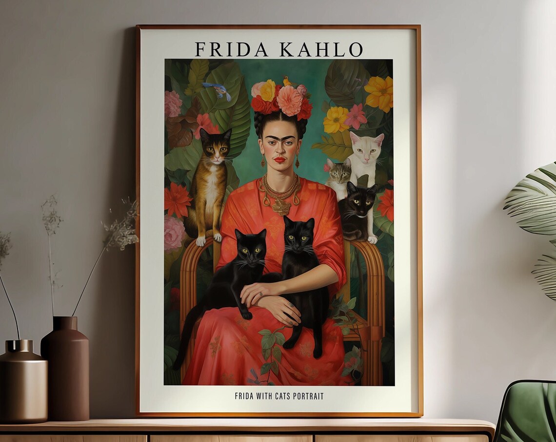 Frida Kahlo Cats And Flowers Art Print