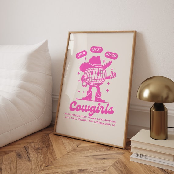 Retro Cowboy Art Trendy Cowgirl Aesthetic Wall Art Wild West Preppy Pink Disco Ball Poster College Dorm Wall Decor Pink Wall Art