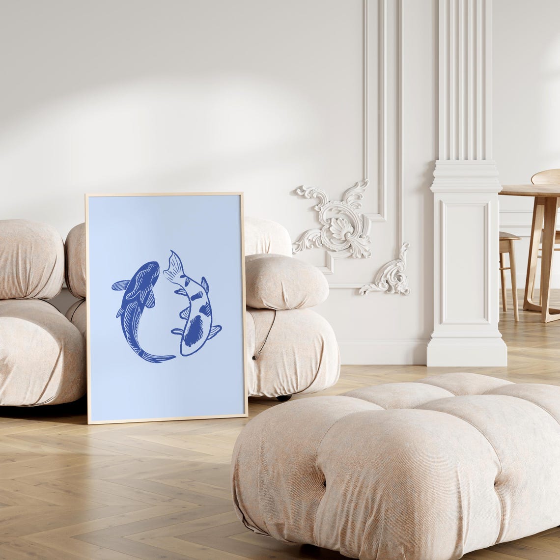 Blue Koi Fish Yin Yang Minimalist Japanese Style Bathroom Poster - Image 2