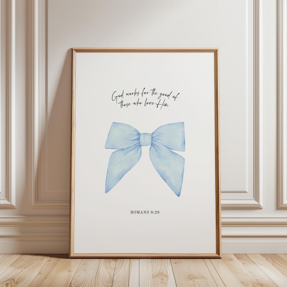 Blue Bow Bible Verse College Dorm Wall Art Romans 8 28 Print Coquette Trendy Scripture Preppy Poster