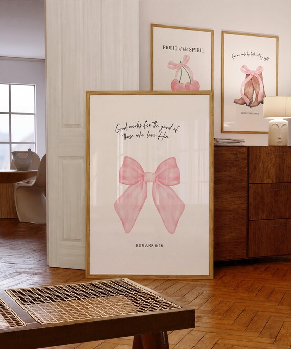 Pink Bow Bible Verse Romans 828 Coquette Wall Art Trendy Christian Girl Dorm Decor Scripture Sign Preppy Poster