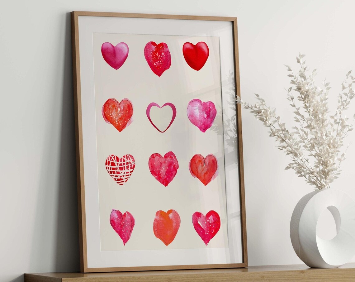 Watercolor Hearts Grid Valentine Pink Red Heart Illustration Poster