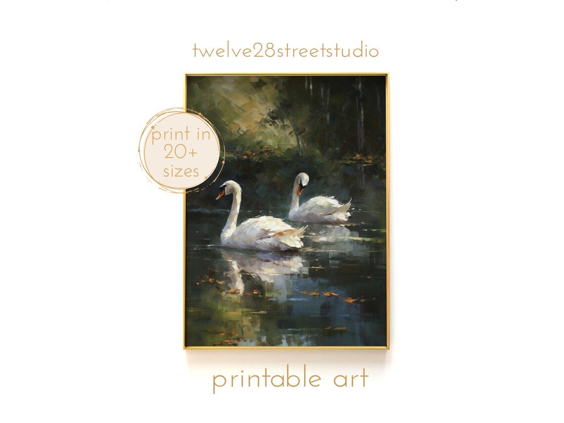 Two Swans On A Lake, Vintage Moody Wall Art Print