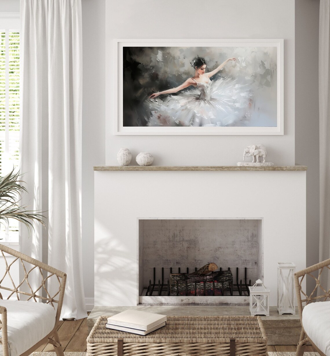 Elegant White Tutu Ballerina Gray Abstract Oil Painting Poster - Image 2