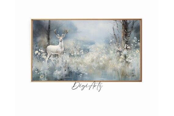 White Stag Misty Wildflower Forest Panoramic Ethereal Nature Poster
