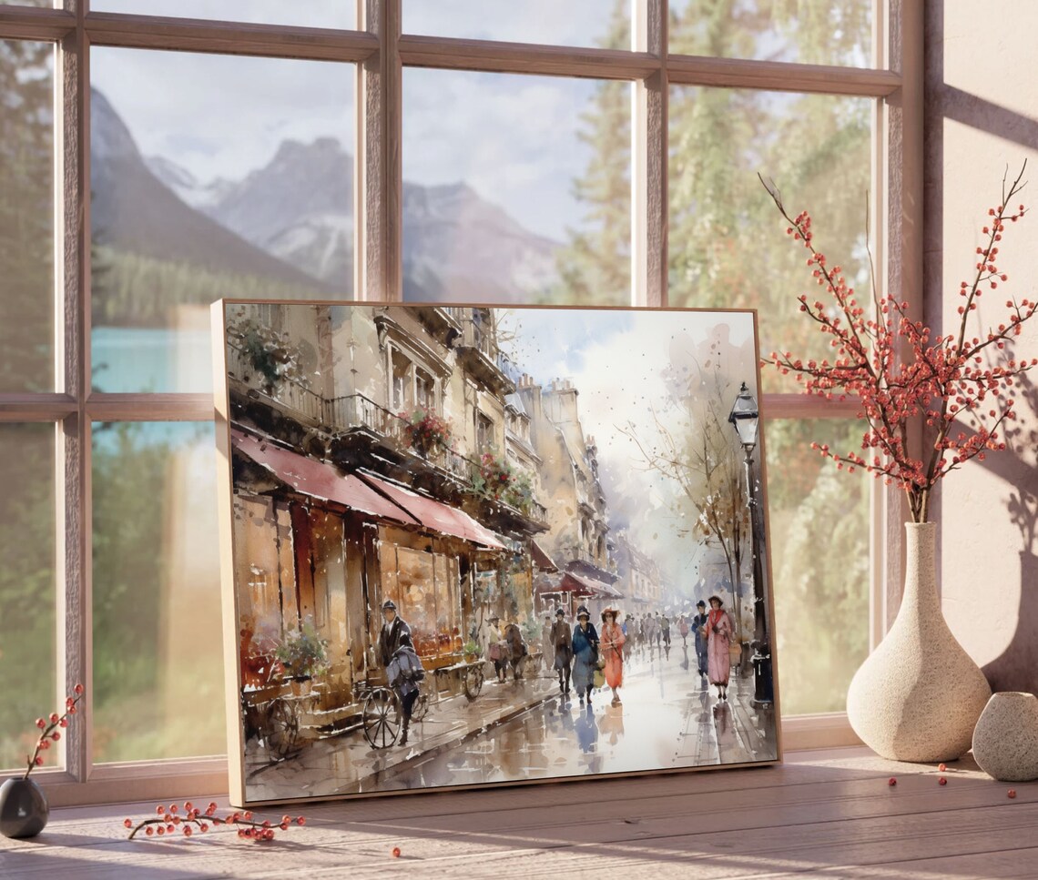 Rainy Parisian Cafe Street Watercolor Cityscape Umbrella Art Poster - Image 4
