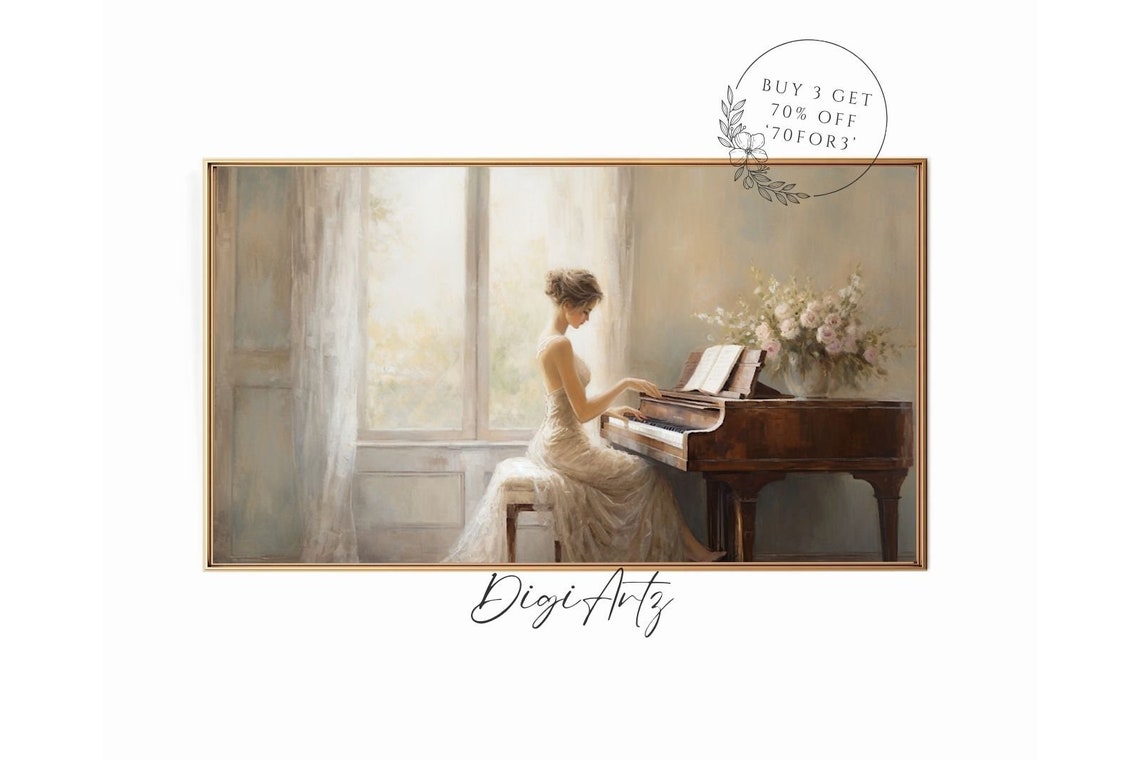 Woman Playing Grand Piano Sunlit Room Elegant Classical Music Poster