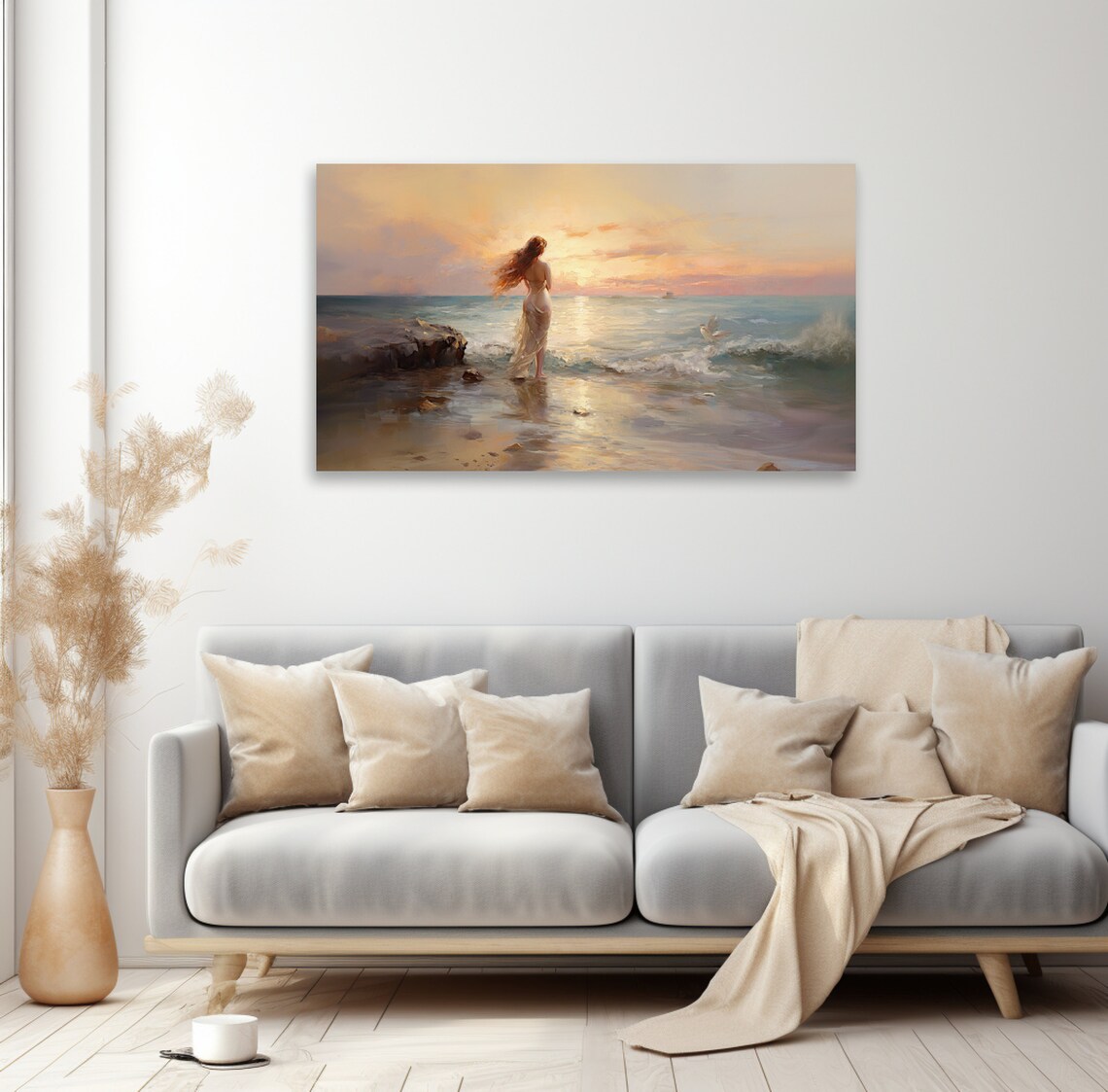 Woman In White Dress Sunset Beach Romantic Seaside Oil Painting Poster - Image 3