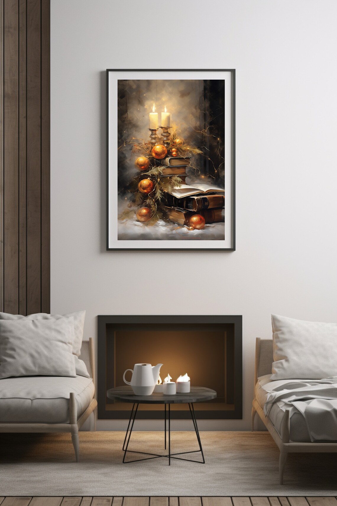Moody Candlelight Books Still Life Oil Painting Holiday Wall Poster - Image 3