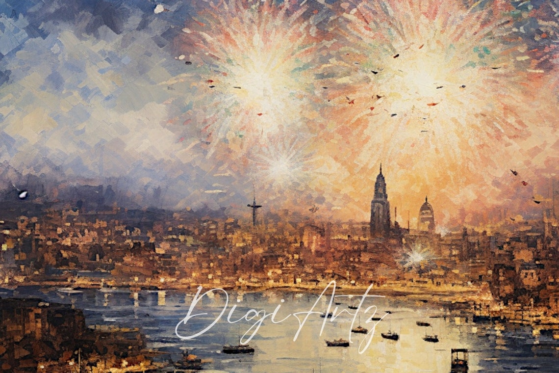 City Fireworks Celebration Night Sky Harbor Lights Painting Poster - Image 6