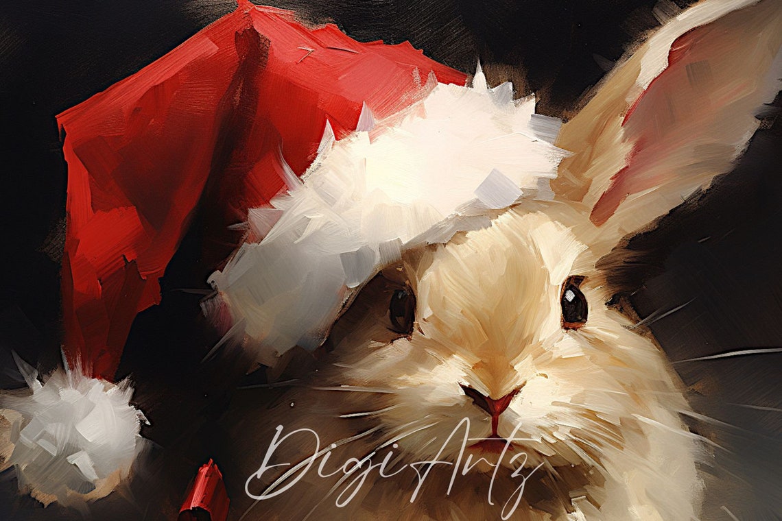 Adorable Bunny In A Santa Hat With A Red Ribbon Bow Dark Poster - Image 6