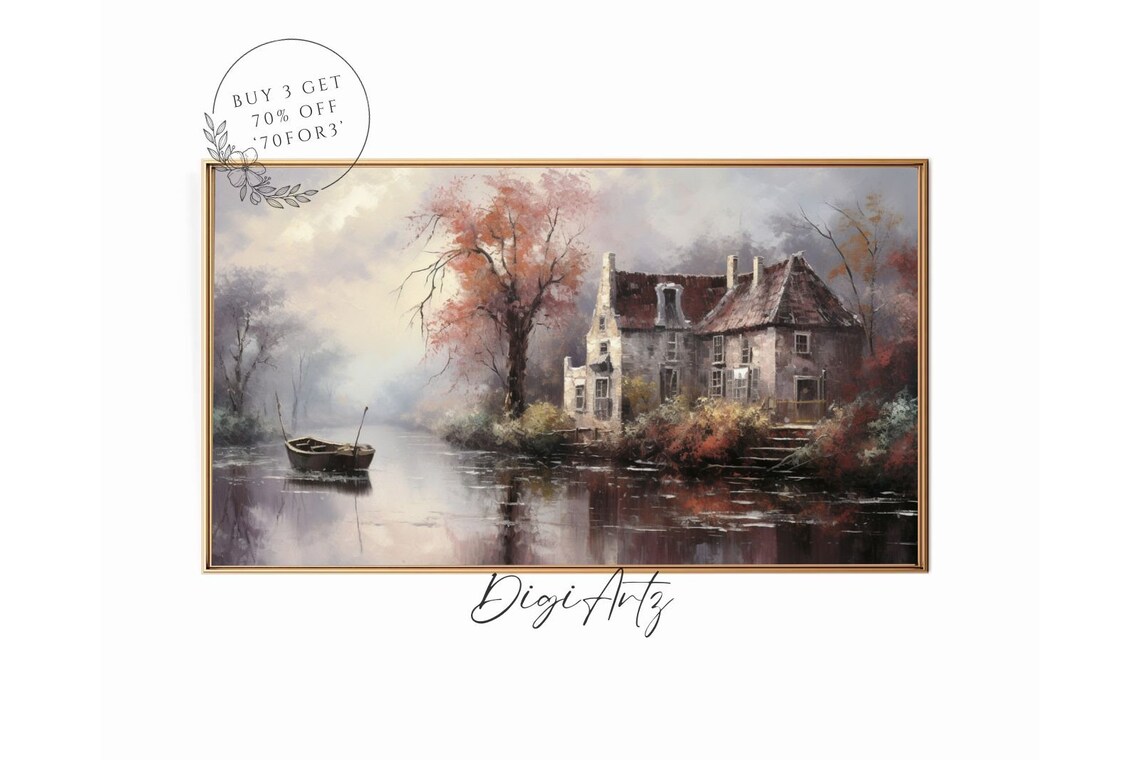 Autumn Countryside Riverside Old House Red Leaves Oil Painting Poster