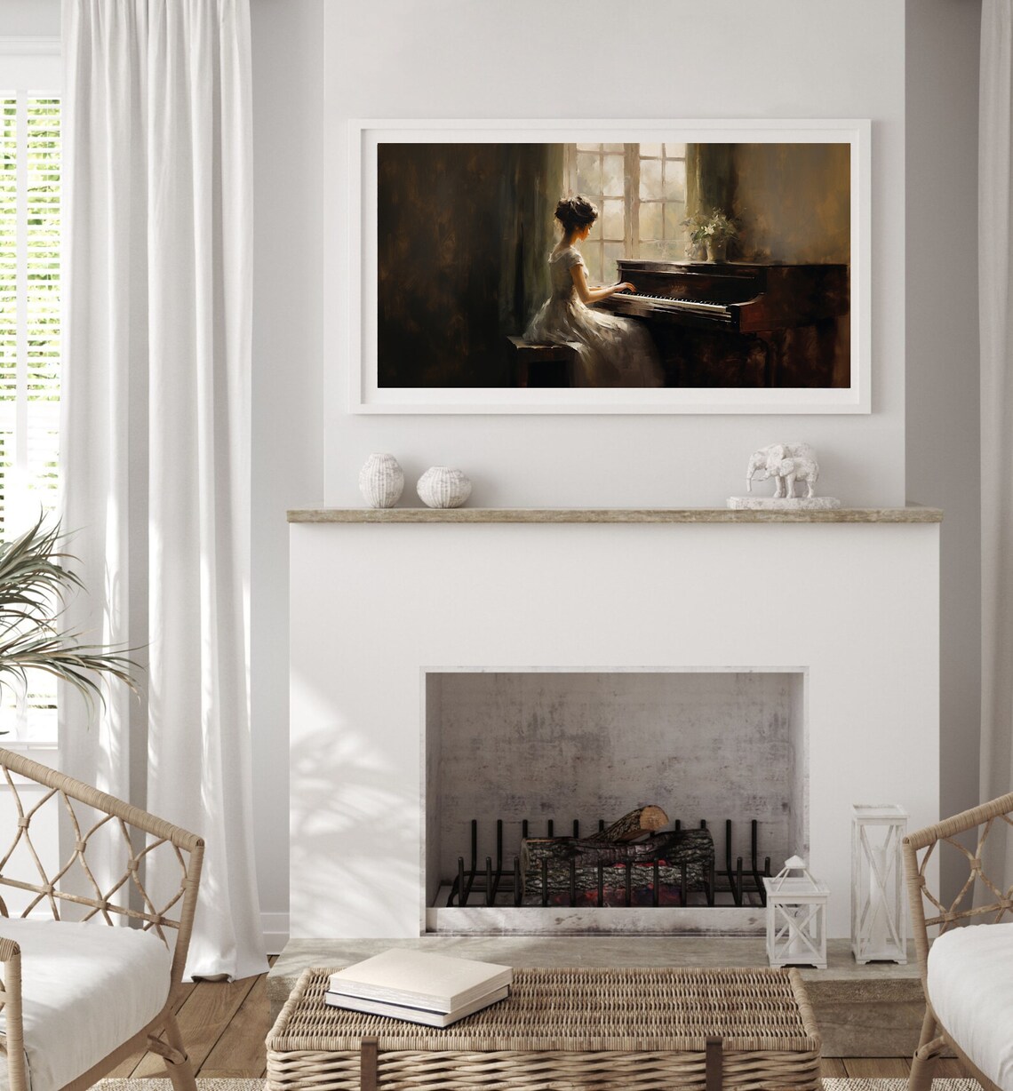 Woman Playing Piano by Window Moody Romantic Oil Painting Poster - Image 3
