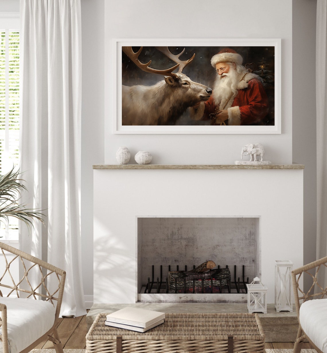 Tender Santa Claus And Reindeer Nuzzling In A Winter Night Poster - Image 2