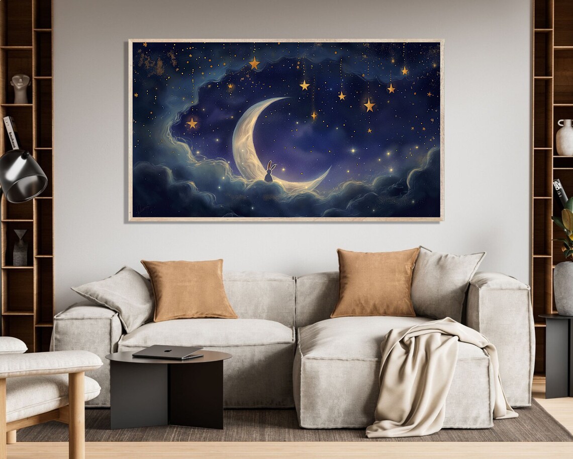 Crescent Moon Bunny Hanging Stars Starry Cloud Night Painting Poster - Image 2