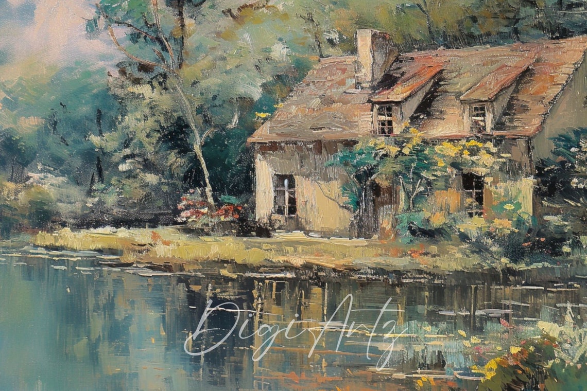 Lakeside Stone Cottage Impressionist Painting Vintage Landscape Poster - Image 6