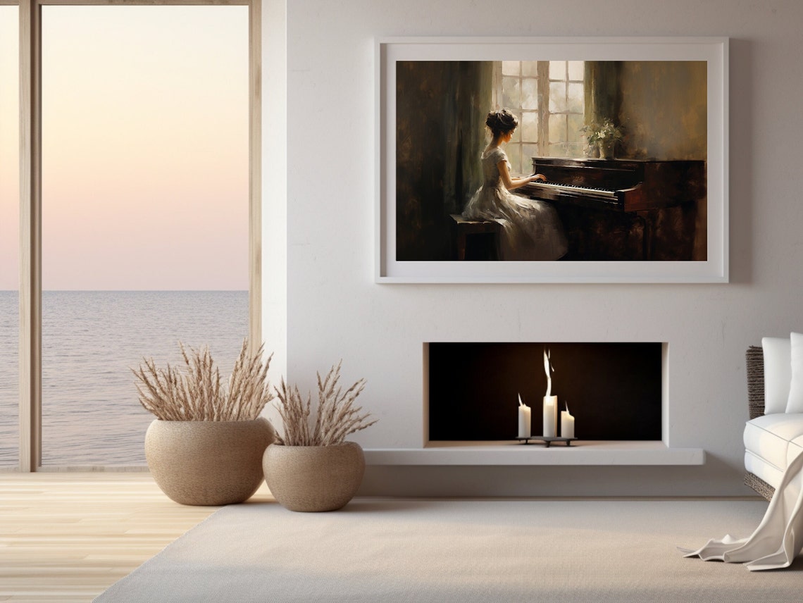 Woman Playing Piano by Window Moody Romantic Oil Painting Poster - Image 2