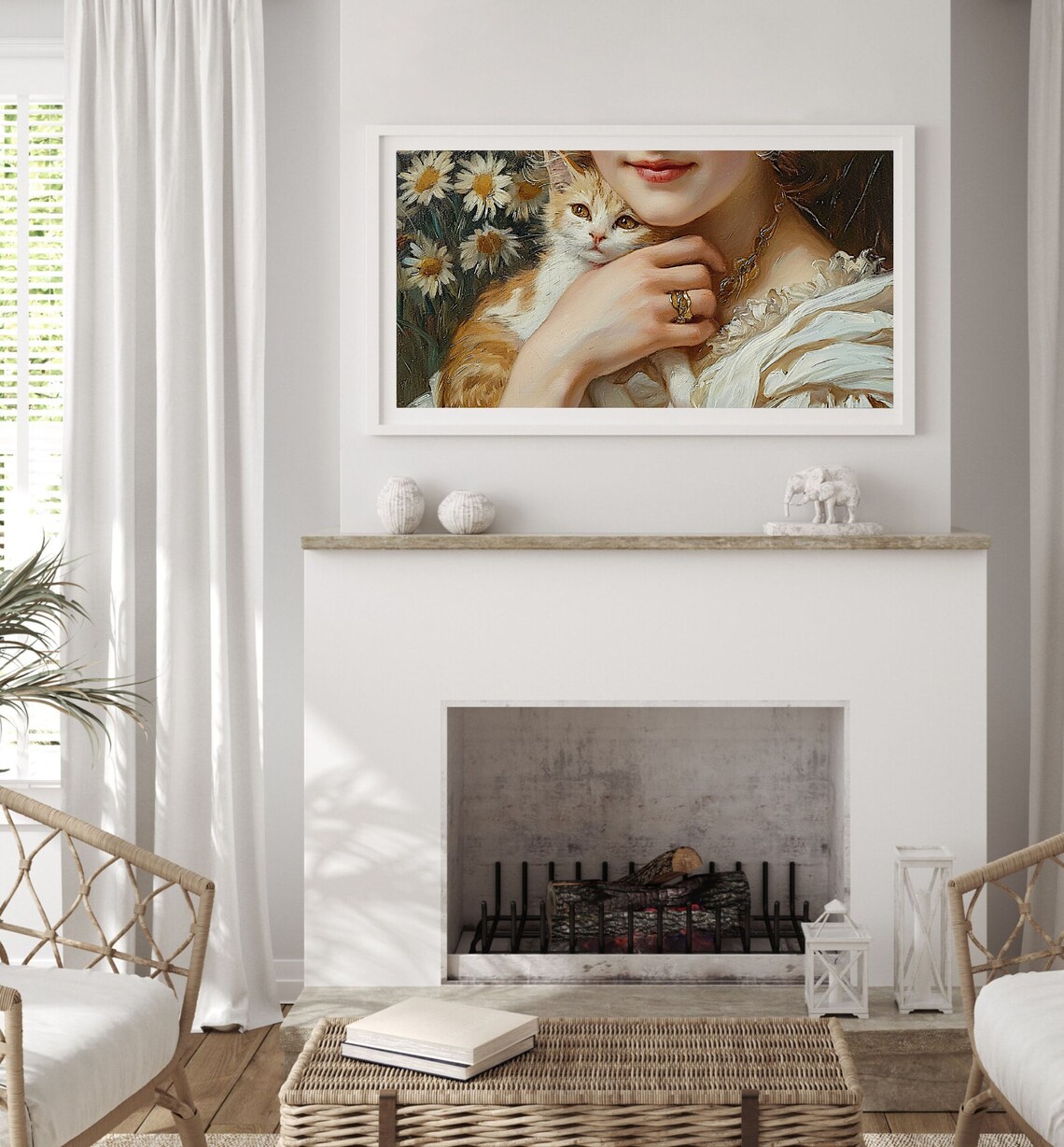 Woman Holding Orange Kitten Among Daisies Vintage Oil Painting Poster - Image 2