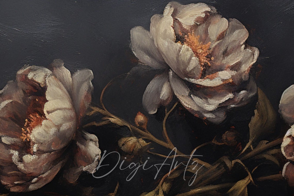Dark Moody White Peonies Black Botanical Floral Painting Style Poster - Image 6