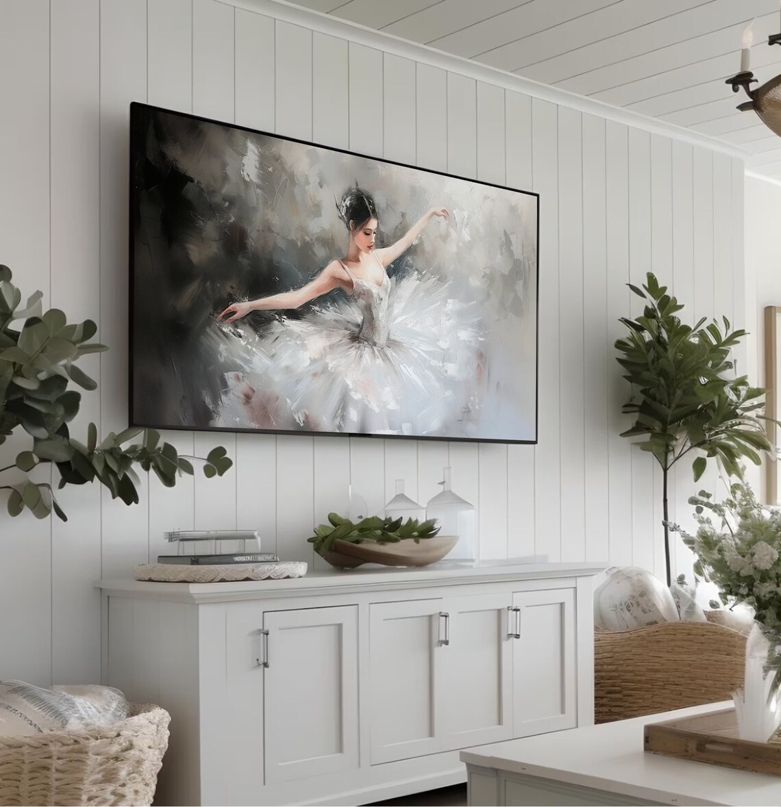 Elegant White Tutu Ballerina Gray Abstract Oil Painting Poster - Image 5