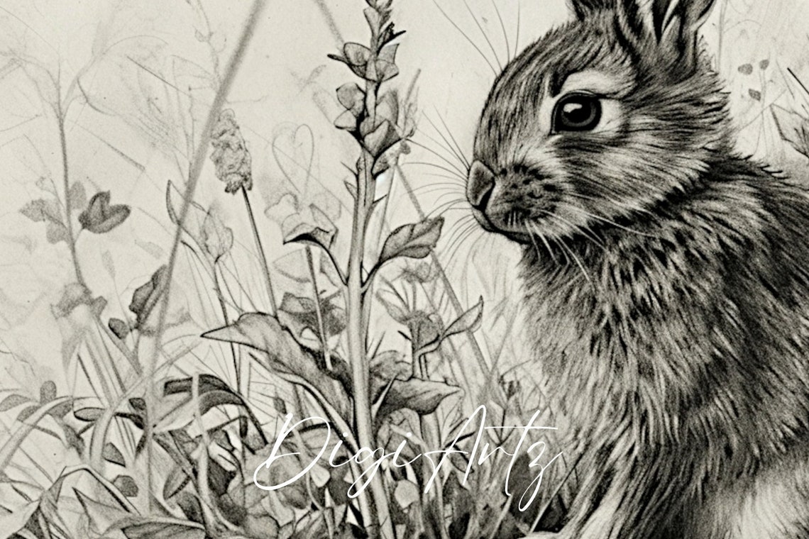 Vintage Rabbit Sketch Black and White Botanical Illustration Poster - Image 6