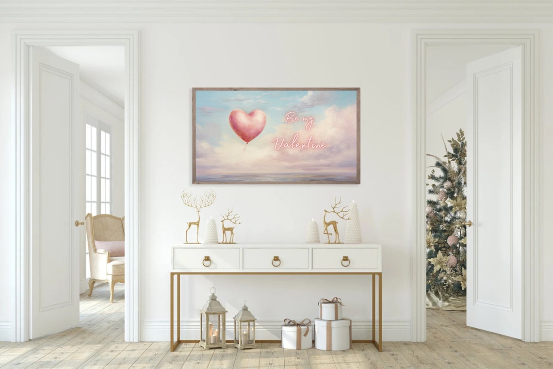 Be My Valentine Pink Heart Balloon Pastel Clouds Painting Poster - Image 2