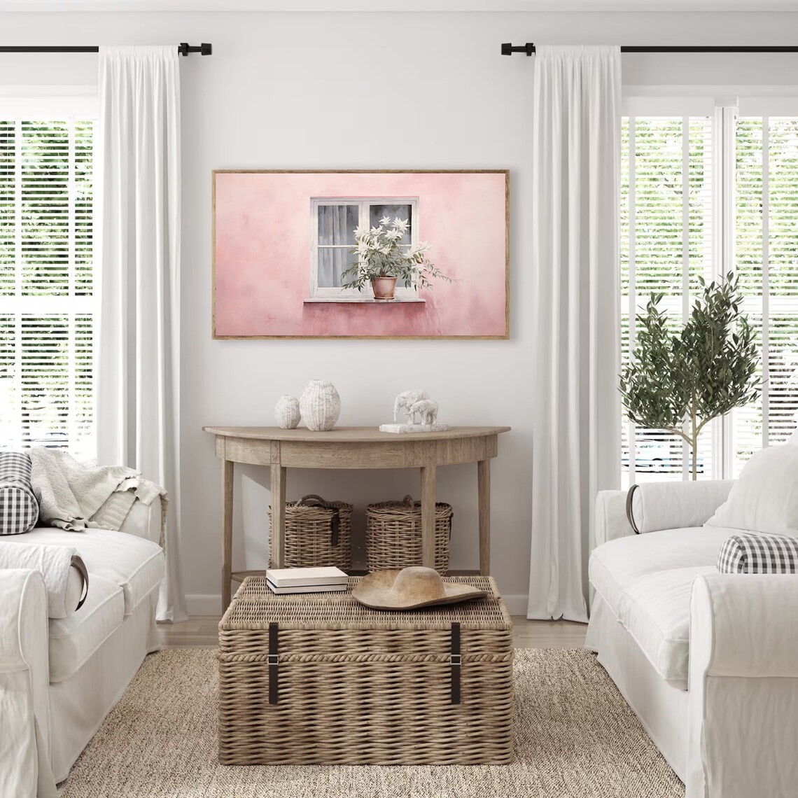 White Lilies on Pink Windowsill Minimalist Floral Oil Painting Poster - Image 3