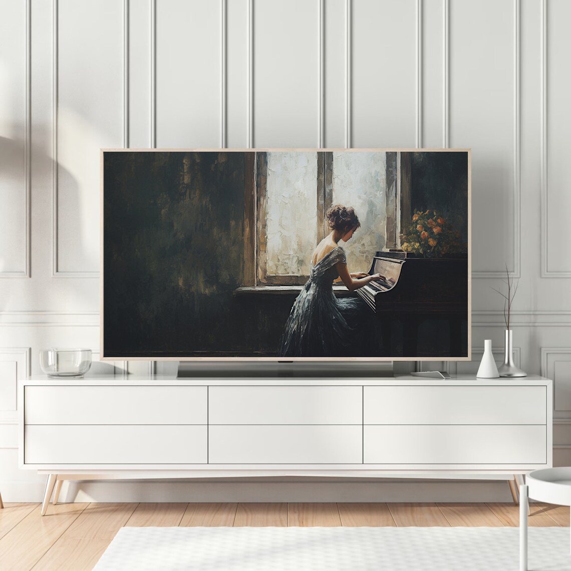 Woman Playing Piano By Sunlit Window Dark Moody Oil Painting Poster - Image 4