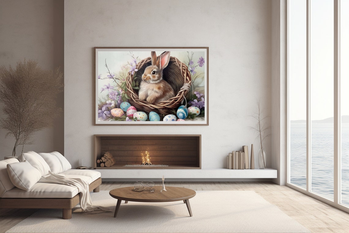 Easter Bunny In Wicker Basket With Painted Eggs And Flowers Poster - Image 2