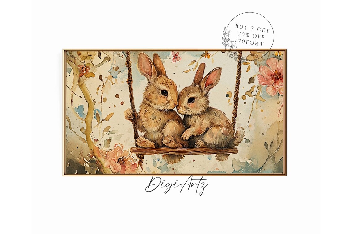Two Baby Bunnies Cuddling on Swing Watercolor Rabbit Art Poster