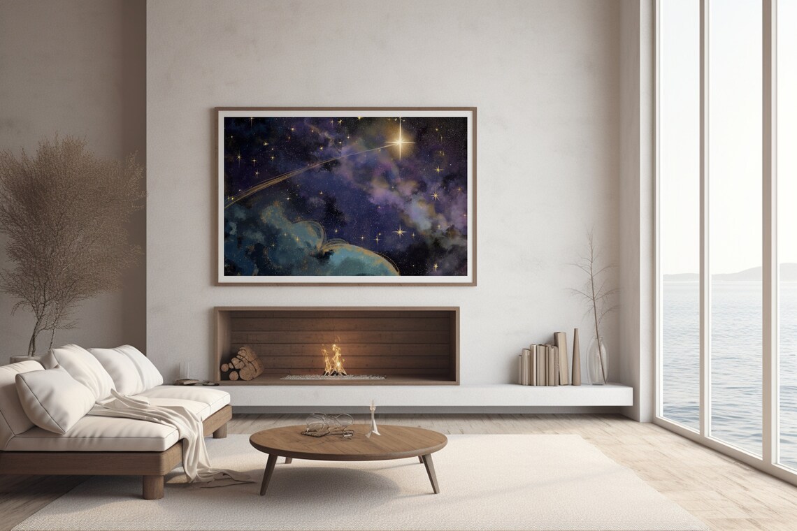 Shooting Star Over Earth Purple Cosmic Nebula Space Painting Poster - Image 2