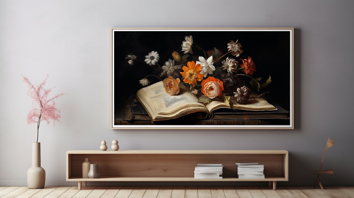 Dutch Master Style Floral Still Life On An Open Book Dark Poster - Image 3
