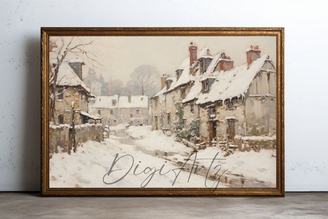 Snowy European Village Stone Cottages Impressionist Winter Poster - Image 6