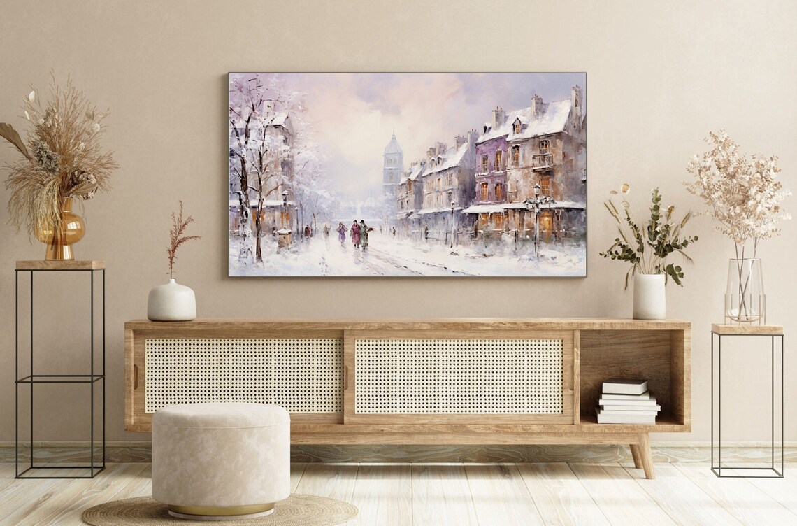 Frame Tv Winter Town Oil Painting Vintage Cottagecore Academia Christmas Decor Rustic Snowy Winter Landscape Holiday Farmhouse Print - Image 2
