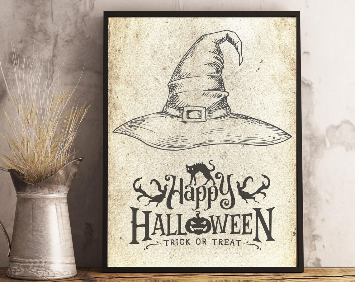 Happy Halloween Book Page Art Print, Antique Look
